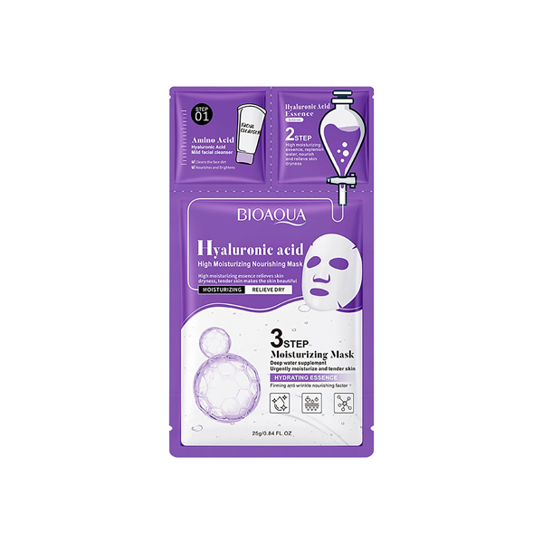 قناع Bioaqua ثلاثي الخطوات بحمض الهيالورونيك للترطيب العميق للبشرة الجافة والباهتة وتنعيمها